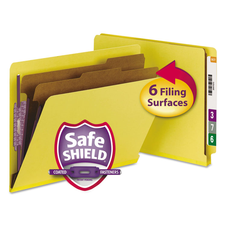 Smead End Tab Pressboard Classification Folders, Six SafeSHIELD Fasteners, 2" Expansion, 2 Dividers, Letter Size, Yellow, 10/Box (SMD26789)