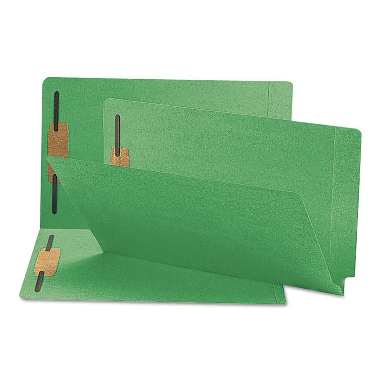 Smead Heavyweight Colored End Tab Fastener Folders, 0.75" Expansion, 2 Fasteners, Legal Size, Green Exterior, 50/Box (SMD28140)