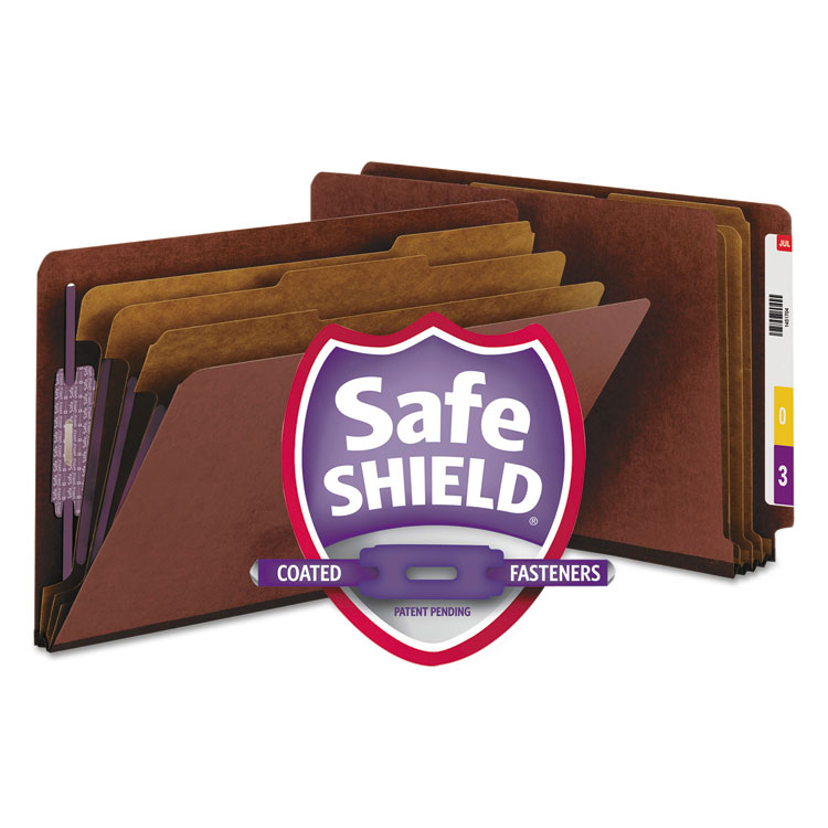 Smead End Tab Pressboard Classification Folders, Eight SafeSHIELD Fasteners, 3" Expansion, 3 Dividers, Legal Size, Red, 10/Box (SMD29865)
