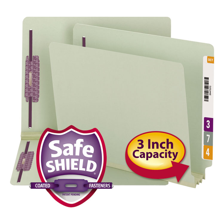 Smead End Tab Pressboard Classification Folders, Two SafeSHIELD Coated Fasteners, 3" Expansion, Letter Size, Gray-Green, 25/Box (SMD34725)