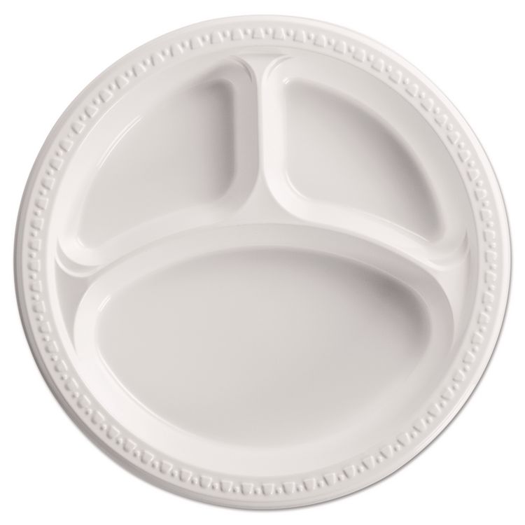 Chinet Heavyweight Plastic 3-Compartment Plates, 10.25" dia, White, 125/Pack, 4 Packs/Carton (HUH81230)