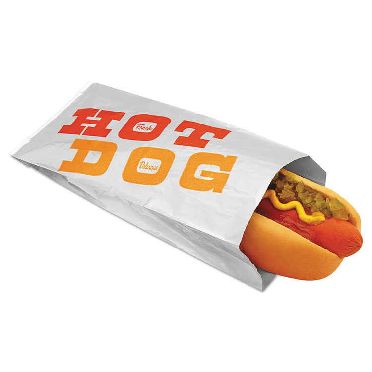 Bagcraft Foil/Paper Bag, King Hot Dog Labeling, 12" x 1.5" x 3.5", Silver/Red/Orange, 1,000/Carton (BGC300432)