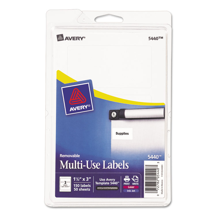 AVE05440 - Avery Removable Multi-Use Labels, Inkjet/Laser Printers, 1.5 x 3, White, 3/Sheet, 50 Sheets/Pack, (5440) (AVE05440)
