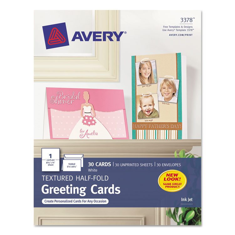 Avery Half-Fold Greeting Cards with Envelopes, Inkjet, 65 lb, 5.5 x 8.5, Textured Uncoated White, 1 Card/Sheet, 30 Sheets/Box (AVE3378)