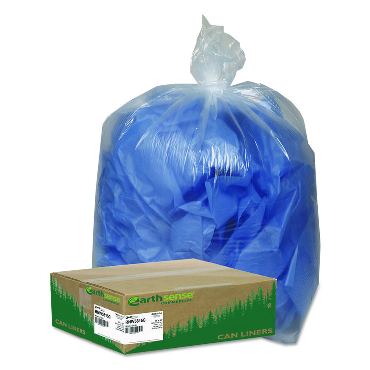 Earthsense Commercial Linear Low Density Clear Recycled Can Liners, 60 gal, 1.5 mil, 38" x 58", Clear, 10 Bags/Roll, 10 Rolls/Carton (WBIRNW5815C)