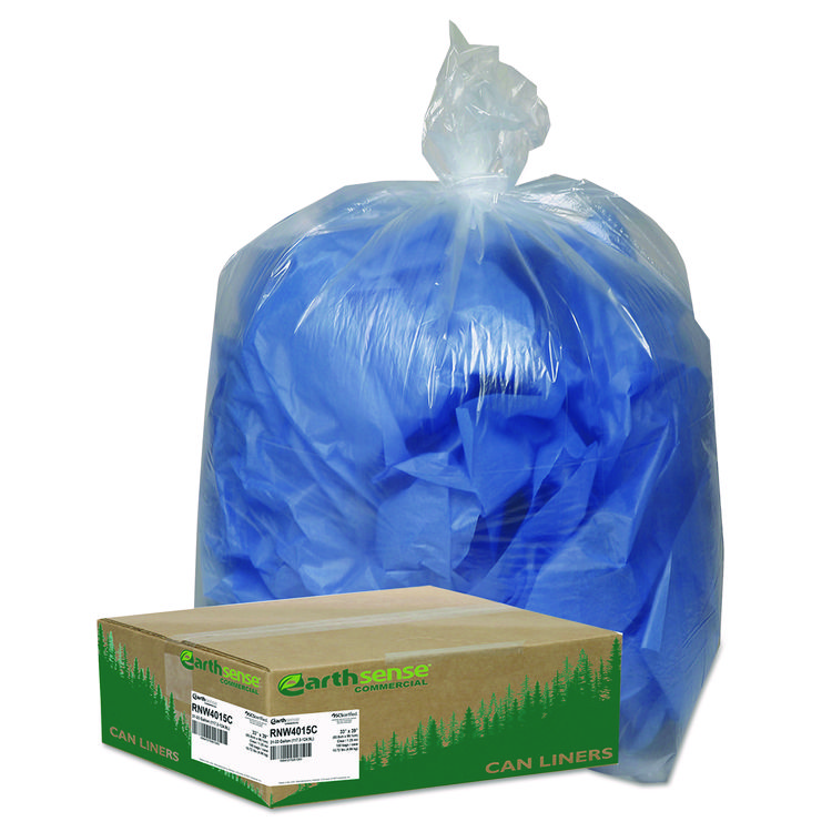 Earthsense Commercial Linear Low Density Clear Recycled Can Liners, 33 gal, 1.25 mil, 33" x 39", Clear, 10 Bags/Roll, 10 Rolls/Carton (WBIRNW4015C)