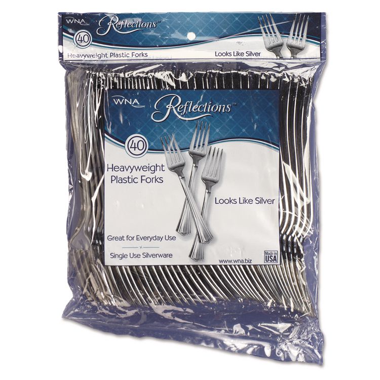 WNA Reflections Heavyweight Plastic Utensils, Fork, Silver, 40/Pack, 8 Packs/Carton (WNAREF320FK)
