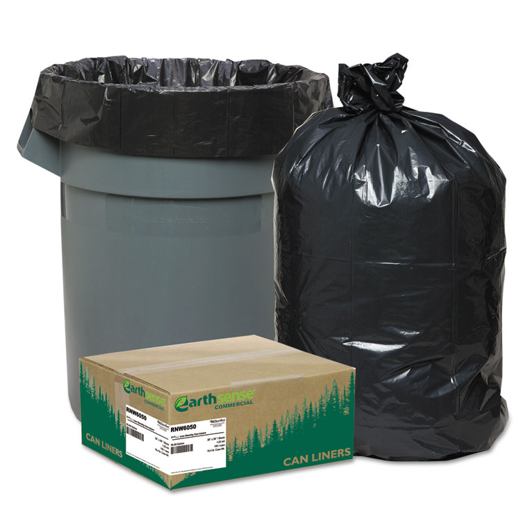 Earthsense Commercial Linear Low Density Recycled Can Liners, 60 gal, 1.25 mil, 38" x 58", Black, 10 Bags/Roll, 10 Rolls/Carton (WBIRNW6050)