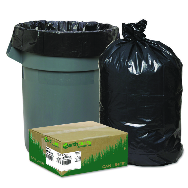 Earthsense Commercial Linear Low Density Recycled Can Liners, 60 gal, 1.65 mil, 38" x 58", Black, 10 Bags/Roll, 10 Rolls/Carton (WBIRNW6060)