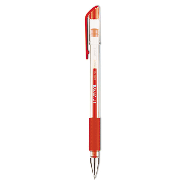 Universal Comfort Grip Gel Pen, Stick, Medium 0.7 mm, Red Ink, Clear/Red Barrel, Dozen (UNV39512)