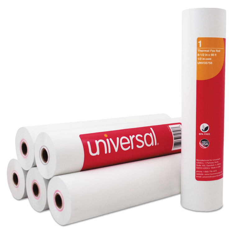 Universal Direct Thermal Printing Fax Paper Rolls, 0.5" Core, 8.5" x 98 ft, White, 6/Pack (UNV35758)