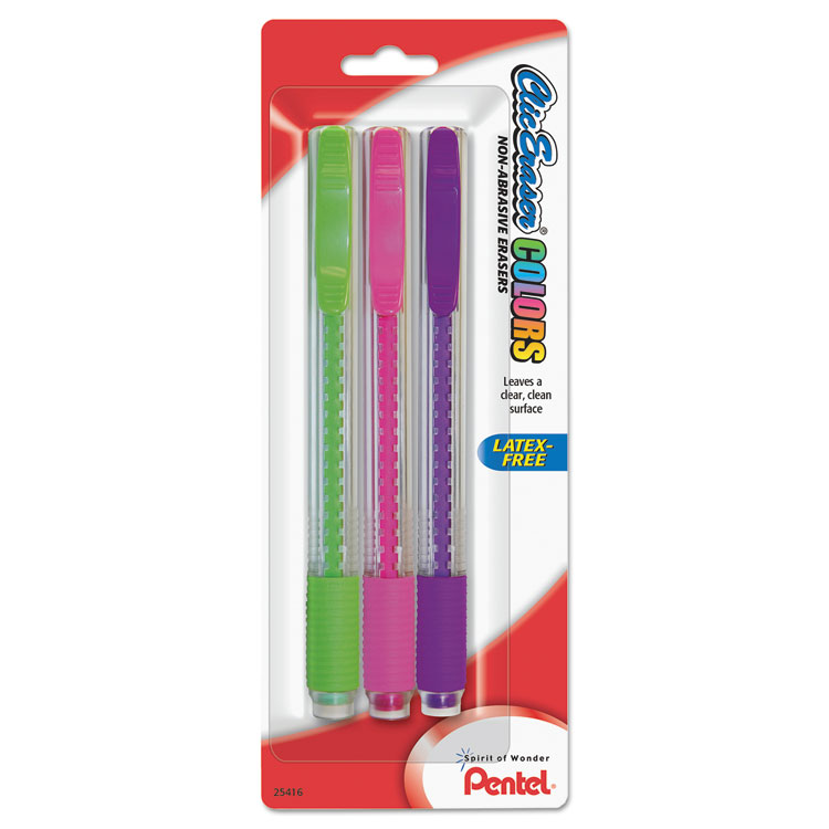 Pentel Clic Eraser COLORS Eraser, For Pencil Marks, White Eraser, Assorted Barrel Colors, 3/Pack (PENZE23BP3M)