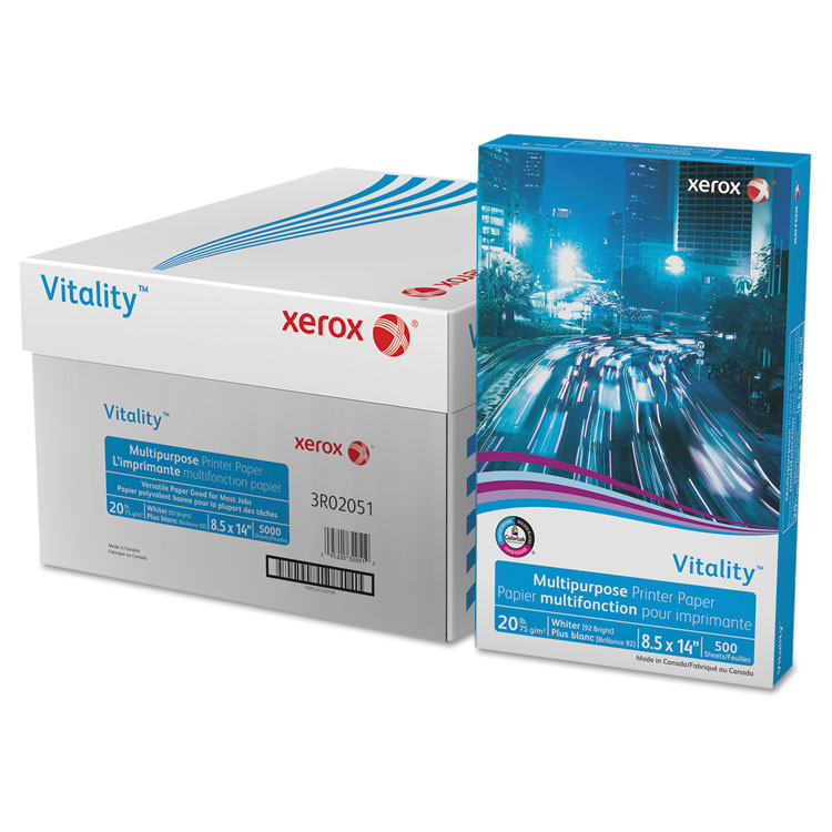 xerox Vitality Multipurpose Print Paper, 92 Bright, 20 lb Bond Weight, 8.5 x 14, White, 500 Sheets/Ream, 10 Reams/Carton (XER3R02051CT)