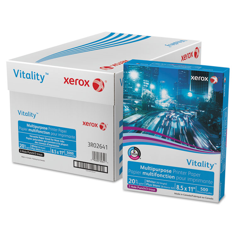 xerox Vitality Multipurpose Print Paper, 92 Bright, 3-Hole, 20 lb Bond Weight, 8.5 x 11, 500 Sheets/Ream, 10 Reams/Carton (XER3R02641)