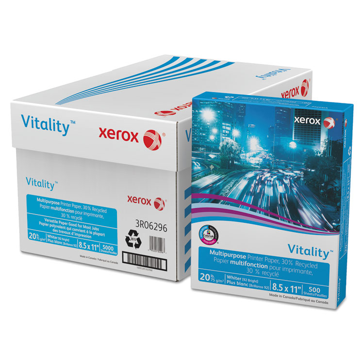 xerox Vitality 30% Recycled Multipurpose Paper, 92 Bright, 20 lb Bond Weight, 8.5 x 11, White, 500/Ream (XER3R06296)