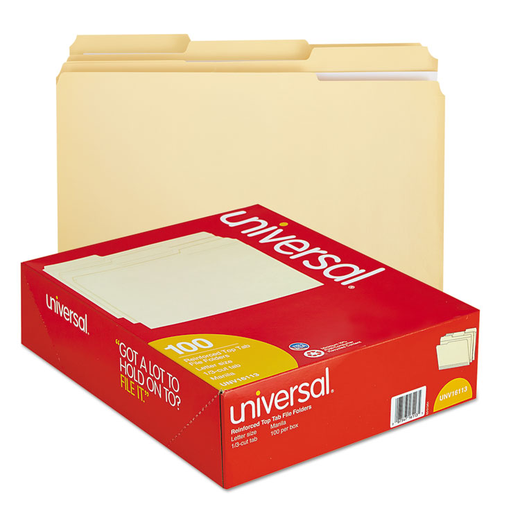 Universal Double-Ply Top Tab Manila File Folders, 1/3-Cut Tabs: Assorted, Letter Size, 0.75" Expansion, Manila, 100/Box (UNV16113)