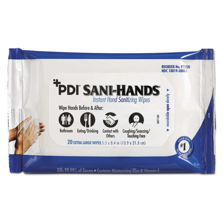 Sani Professional PDI Sani-Hands Instant Hand Sanitizing Wipes, 1-Ply, 5.5 x 8.4, White, 20/Pack, 48 Packs/Carton (NICP71520)