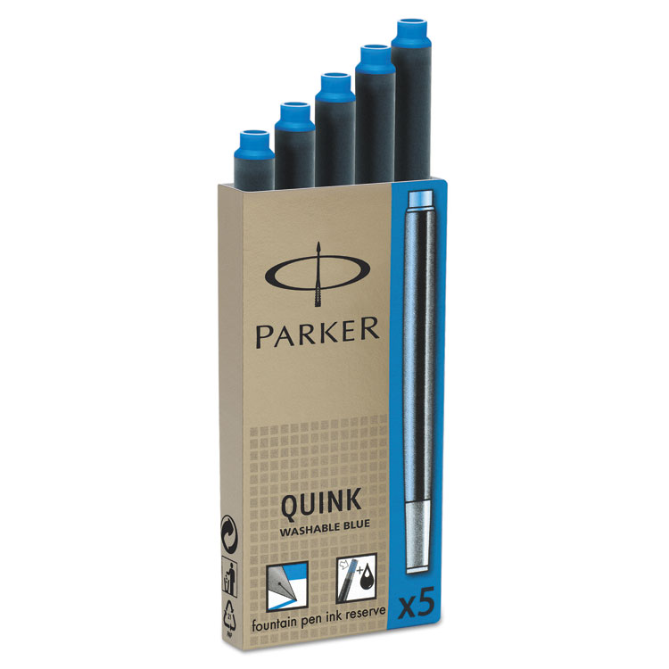 Parker Refill Cartridge for Parker Washable Ink Fountain Pens, Blue Ink, 5/Pack (PAR1950208)