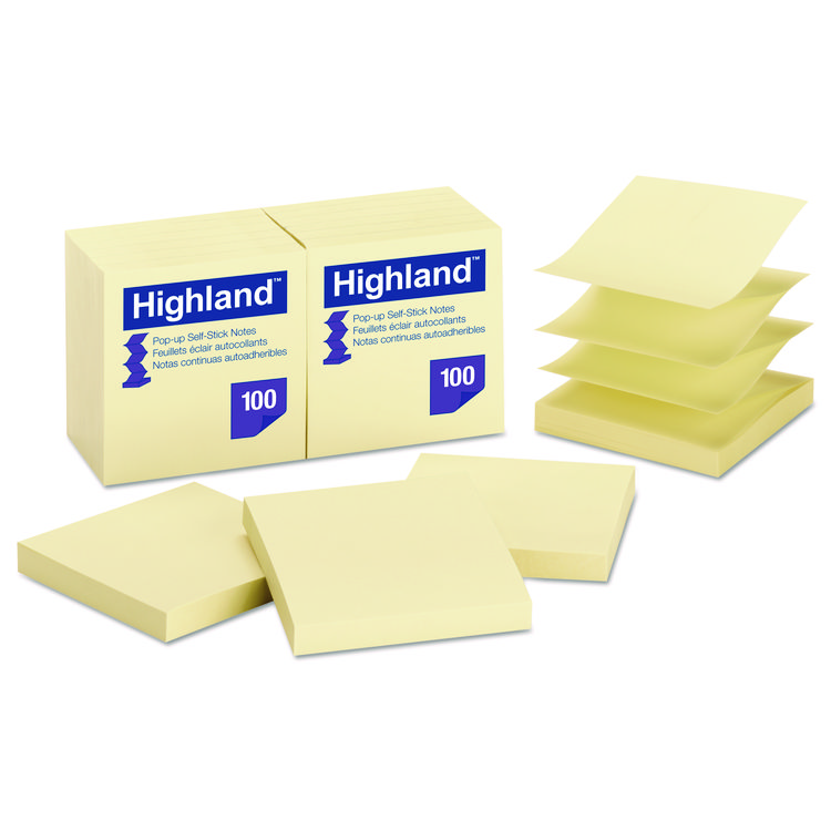 Highland Self-Stick Pop-up Notes, 3" x 3", Yellow, 100 Sheets/Pad, 12 Pads/Pack (MMM6549PUY)