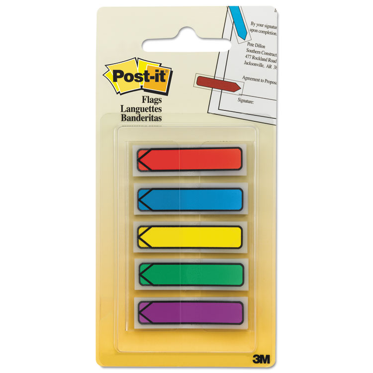 Post-it Flags Arrow 0.5" Page Flags, Blue/Green/Purple/Red/Yellow, 20/Color, 100/Pack (MMM684ARR1)