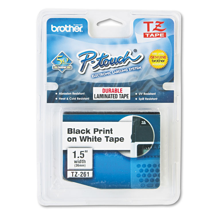 BROTHER INTL. CORP. TZe Standard Adhesive Laminated Labeling Tape, 1.4" x 26.2 ft, Black on White (BRTTZE261)