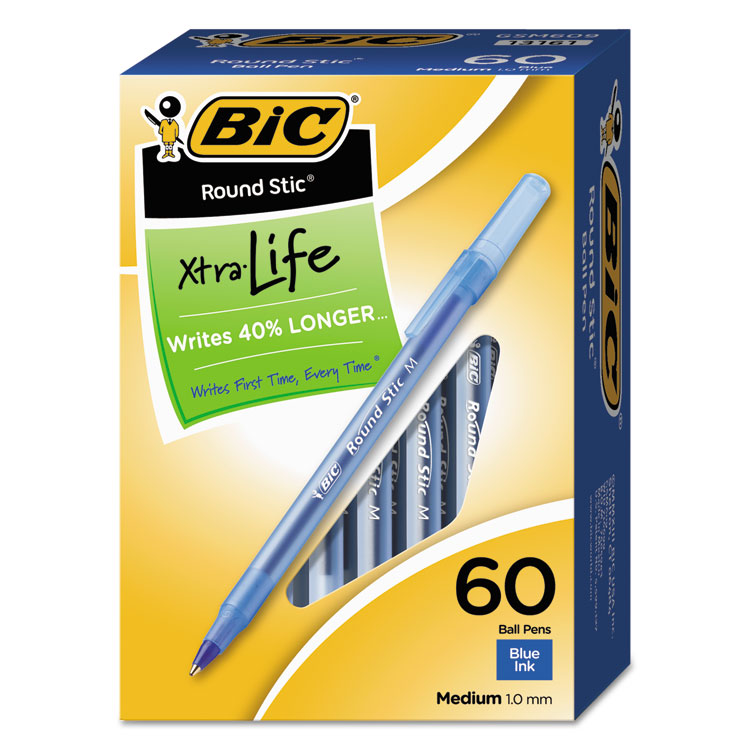 BIC Round Stic Xtra Life Ballpoint Pen Value Pack, Stick, Medium 1 mm, Blue Ink, Translucent Blue Barrel, 60/Box (BICGSM609BE)