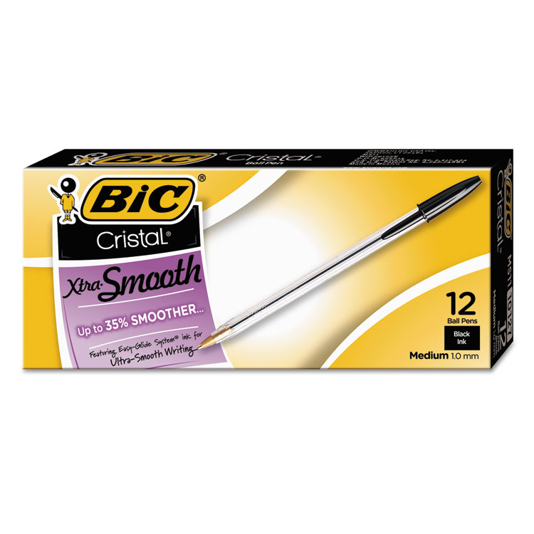 BIC Cristal Xtra Smooth Ballpoint Pen, Stick, Medium 1 mm, Black Ink, Clear Barrel, Dozen (BICMS11BK)