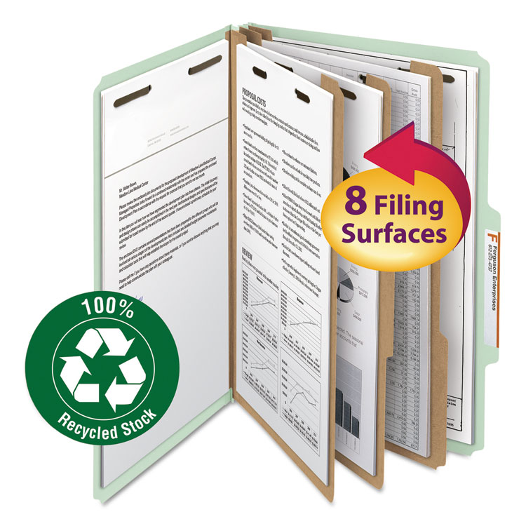 Smead Recycled Pressboard Classification Folders, 3" Expansion, 3 Dividers, 8 Fasteners, Legal Size, Gray-Green, 10/Box (SMD19093)