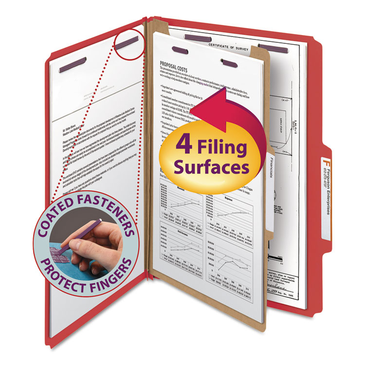 Smead Four-Section Pressboard Top Tab Classification Folders, Four SafeSHIELD Fasteners, 1 Divider, Legal Size, Bright Red, 10/Box (SMD18731)