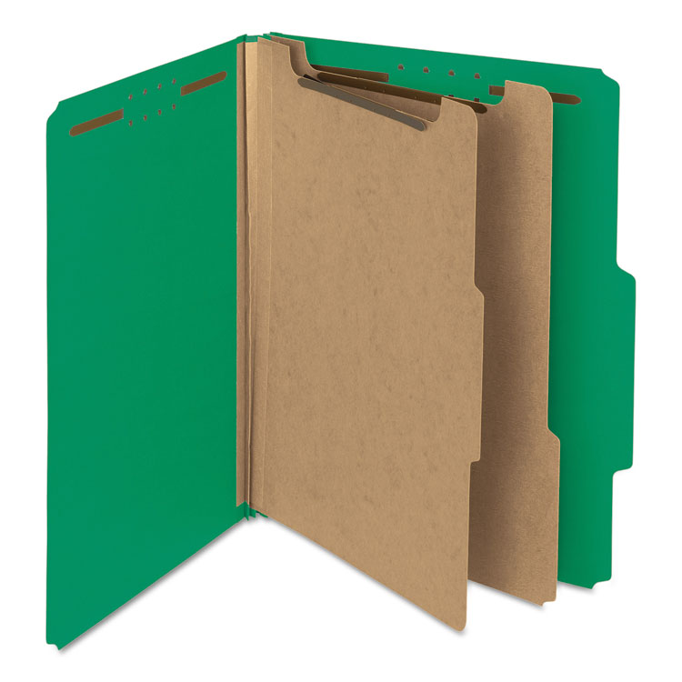 Smead Recycled Pressboard Classification Folders, 2" Expansion, 2 Dividers, 6 Fasteners, Letter Size, Green Exterior, 10/Box (SMD14063)
