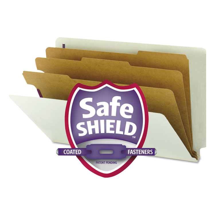 Smead End Tab Pressboard Classification Folders, Eight SafeSHIELD Fasteners, 3" Expansion, 3 Dividers, Legal Size, Gray-Green,10/BX (SMD29820)