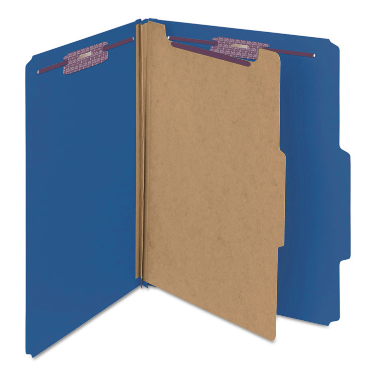 Smead Four-Section Pressboard Top Tab Classification Folders, Four SafeSHIELD Fasteners, 1 Divider, Letter Size, Dark Blue, 10/Box (SMD13732)