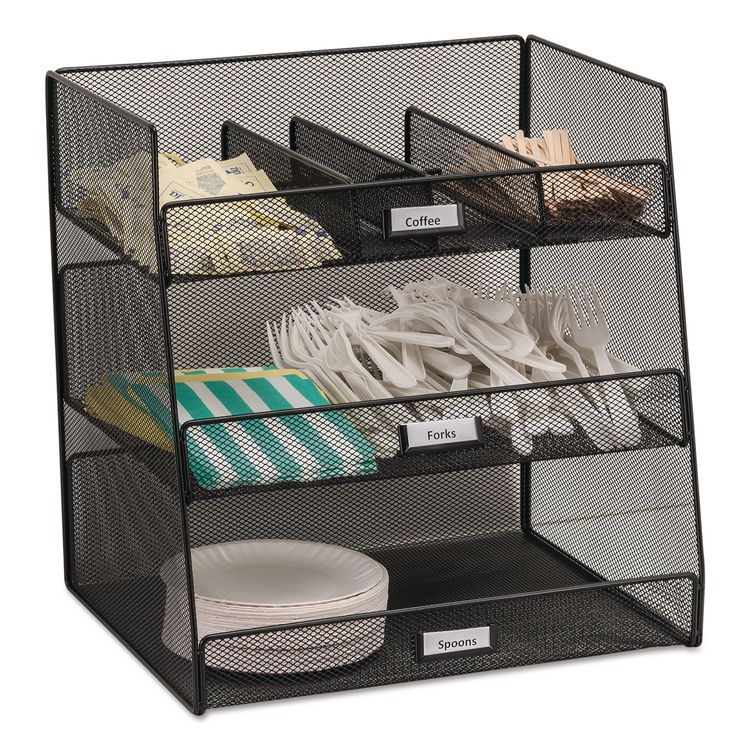Safco Onyx Breakroom Organizers, 3 Compartments,14.63 x 11.75 x 15, Steel Mesh, Black (SAF3293BL)