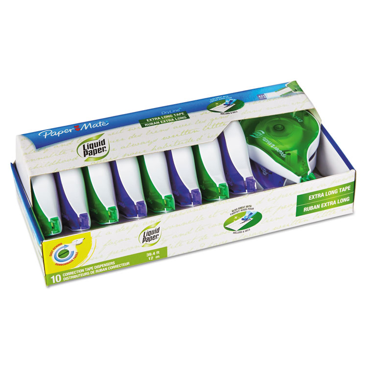 Paper Mate Liquid Paper DryLine Correction Tape, Non-Refillable, Green/Purple Applicators, 0.17" x 472", 10/Pack (PAP6137406)