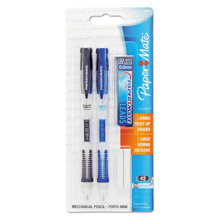 Paper Mate Clear Point Mechanical Pencils with Tube of Lead/Erasers, 0.5 mm, HB(#2), Black Lead, Randomly Assorted Barrel Colors, 2/Pack (PAP34666PP)
