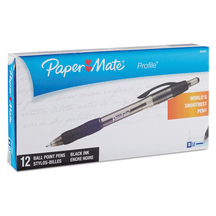 Paper Mate Profile Ballpoint Pen, Retractable, Bold 1.4 mm, Black Ink, Translucent Black Barrel, Dozen (PAP89465A)