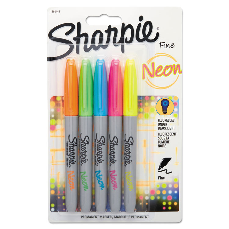 Sharpie Neon Permanent Markers, Fine Bullet Tip, Assorted Colors, 5/Pack (SAN1860443)