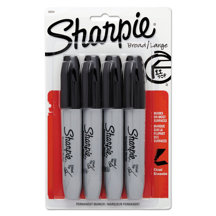 Sharpie Chisel Tip Permanent Marker, Medium Chisel Tip, Black, 4/Pack (SAN38264PP)