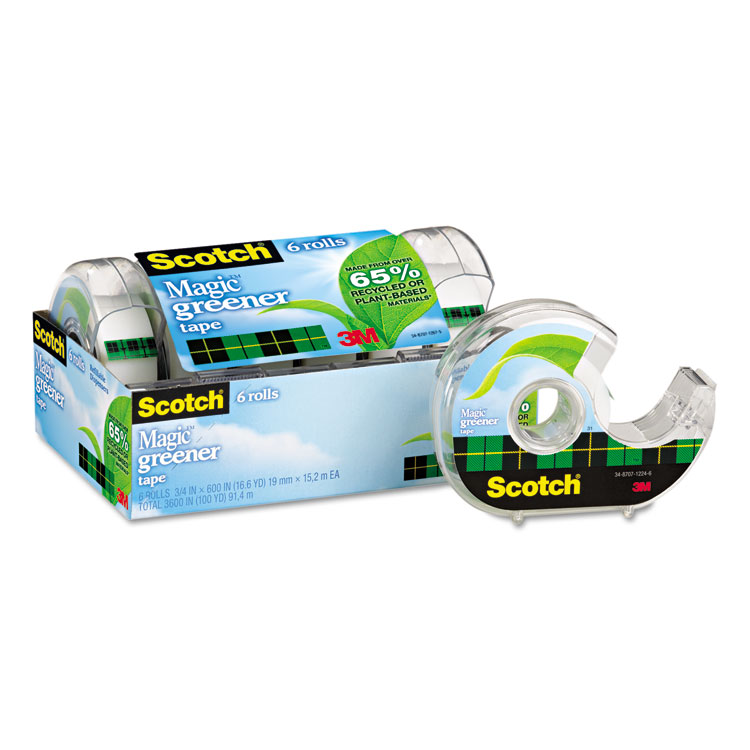 Scotch Magic Greener Tape with Dispenser, 1" Core, 0.75" x 50 ft, Clear, 6/Pack (MMM6123)