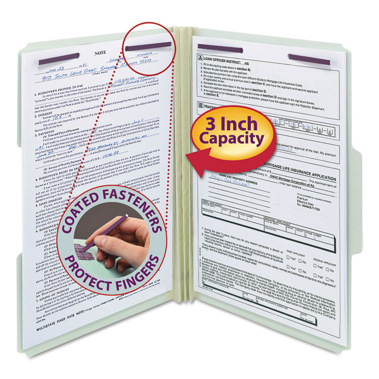 Smead Recycled Pressboard Fastener Folders, 1/3-Cut Tabs, Two SafeSHIELD Fasteners, 3" Expansion, Legal Size, Gray-Green, 25/Box (SMD19944)