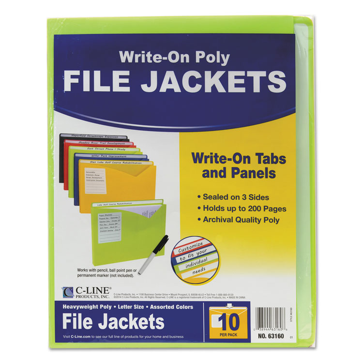 C-Line Write-On Poly File Jackets, Straight Tab, Letter Size, Assorted Colors, 10/Pack (CLI63160)