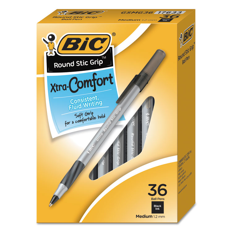 BIC Round Stic Grip Xtra Comfort Ballpoint Pen Value Pack, Easy-Glide, Stick, Medium 1.2mm, Black Ink, Gray/Black Barrel, 36/Pack (BICGSMG361BK)