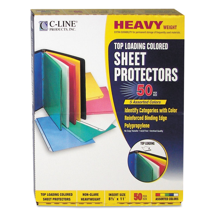 C-Line Colored Sheet Protectors, Heavy-Duty, Side: 3-Hole Punched, Top Load 8.5 x 11 Insert, Assorted Transparent Colors, 50/Box (CLI62010)