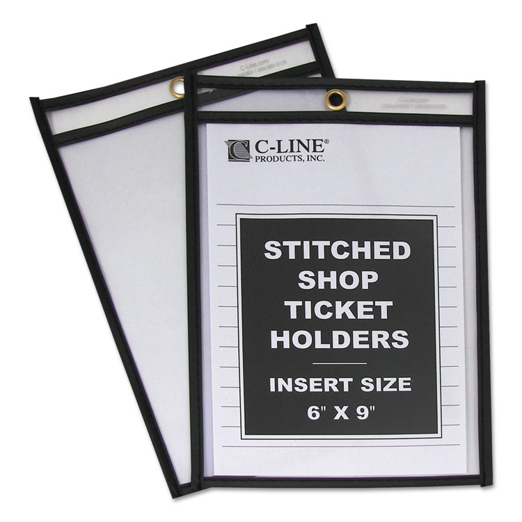 C-Line Stitched Shop Ticket Holders, Super Heavy-Duty, Top Load 6 x 9 Insert, Clear Front, Black Border, 25/Box (CLI46069)