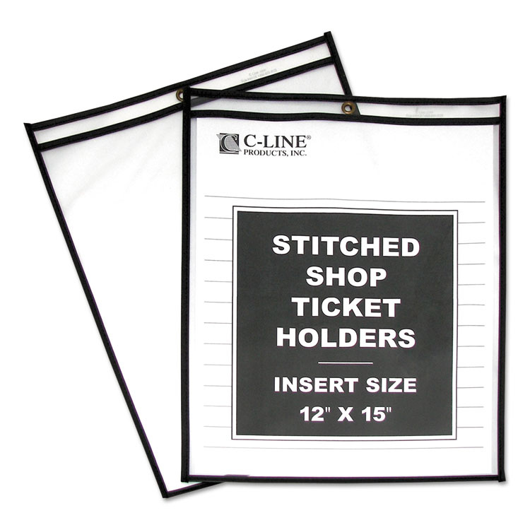 C-Line Stitched Shop Ticket Holders, Heavy-Duty, Top Load 12 x 15 Insert, Clear Front, Black Border, 25/Box (CLI46125)