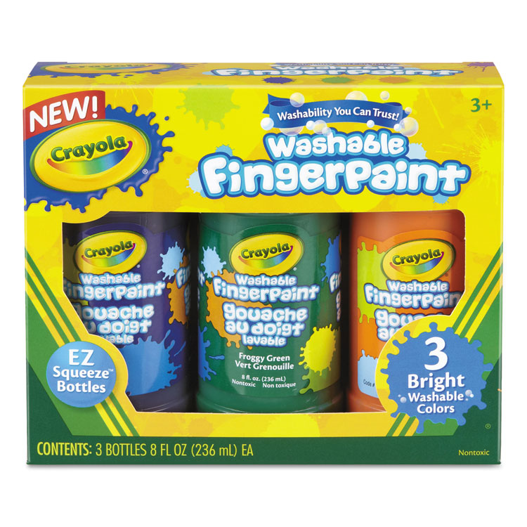 Crayola Washable Fingerpaint Pack, 3 Assorted Bright Colors, 8 oz Tube, 3/Box (CYO551311)