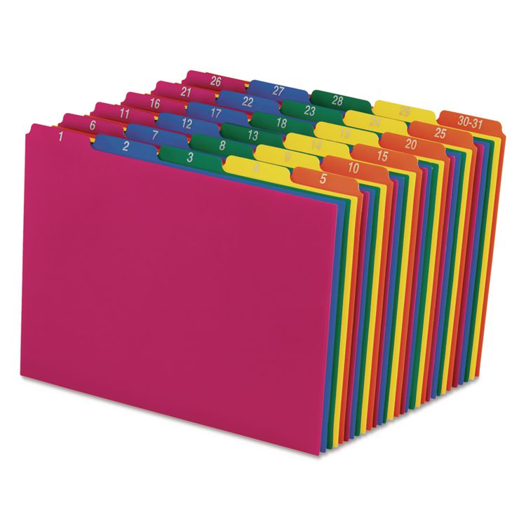 Pendaflex Poly Top Tab File Guides, 1/5-Cut Top Tab, 1 to 30-31, 8.5 x 11, Assorted Colors, 31/Set (PFX40143)