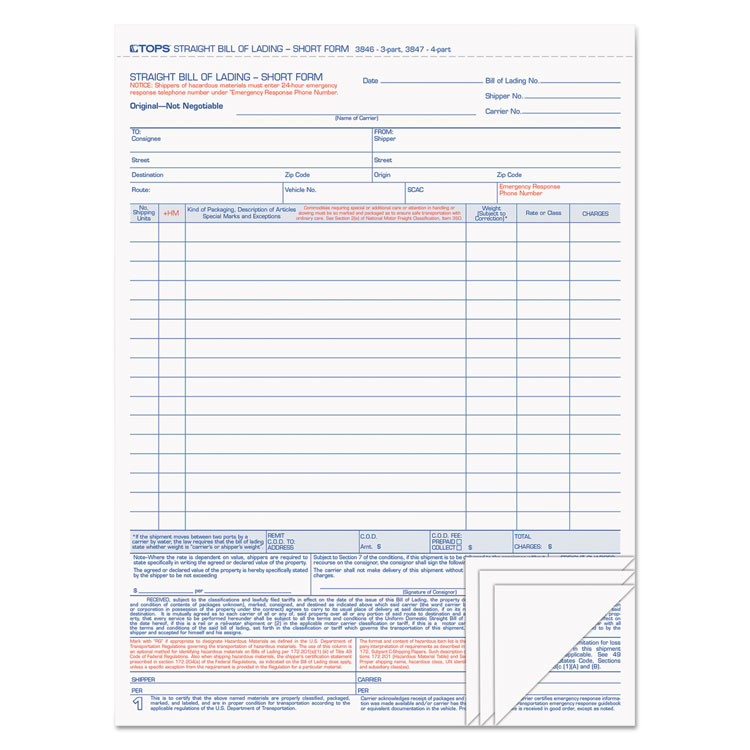 TOPS Bill of Lading, Four-Part Carbonless, 8.5 x 11, 50 Forms Total (TOP3847)