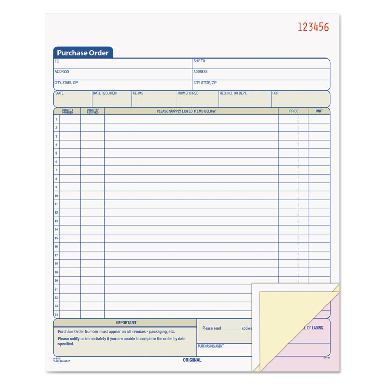 TOP46147 - TOPS Purchase Order Book, 22 Lines, Three-Part Carbonless, 8.38 x 10.19, 50 Forms Total (TOP46147)