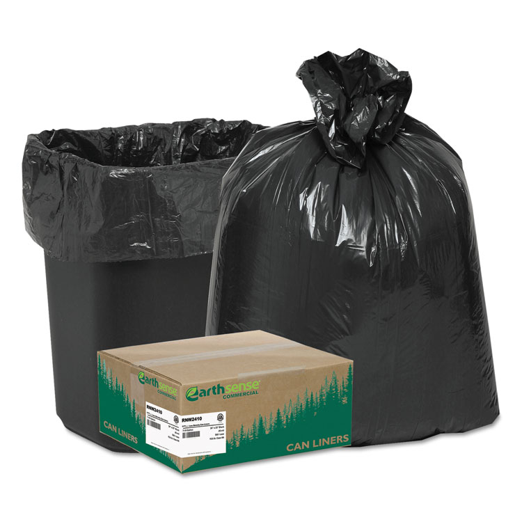 Earthsense Commercial Linear Low Density Recycled Can Liners, 10 gal, 0.85 mil, 24" x 23", Black, 25 Bags/Roll, 20 Rolls/Carton (WBIRNW2410)